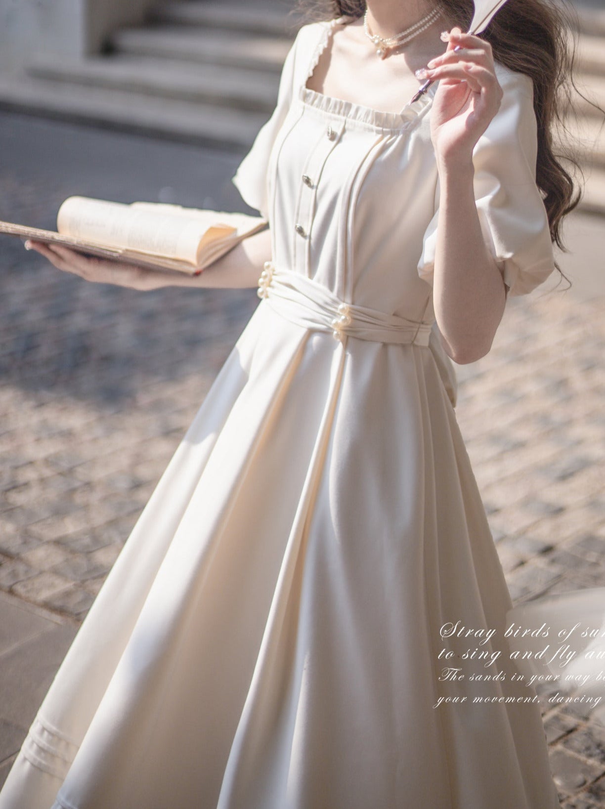 French Retro Apricot Square Collar Dress + Pearl Satin Belt [Reserved Item