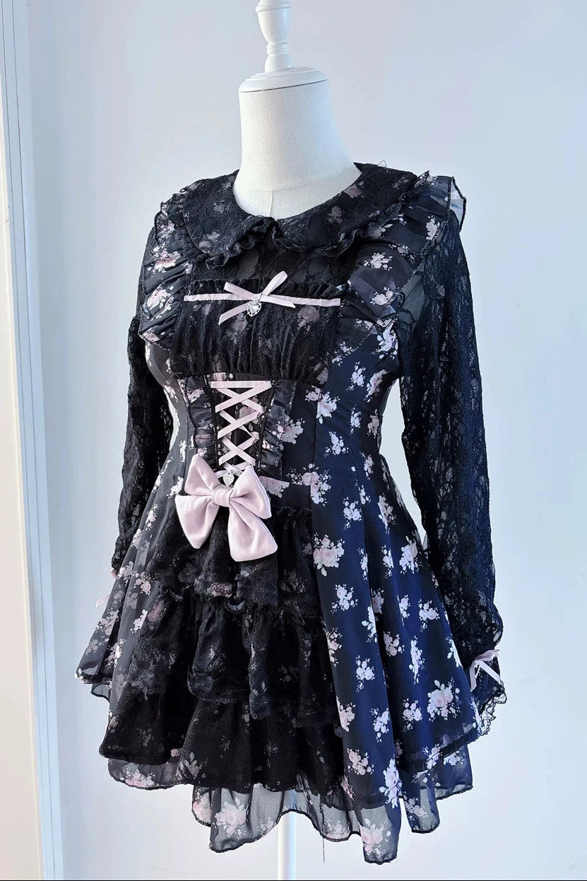 【10月28日予約締切】Pink/White/Black/White 4-Piece Set: Floral Tiered Lace Long-Sleeve Dress + Shorts + Pair of Ribbon Hair Clips + Bow Tie