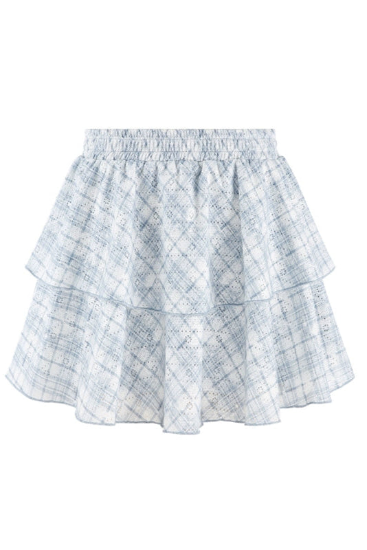 Blue Check French Sleeve Ensemble Top + Flared Skirt