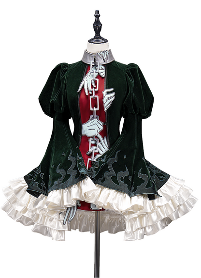 [Pre-order] Dark Green x Red Gothic Prince Velvet Flame 3D Chain Detail Ruffle Lolita Dress