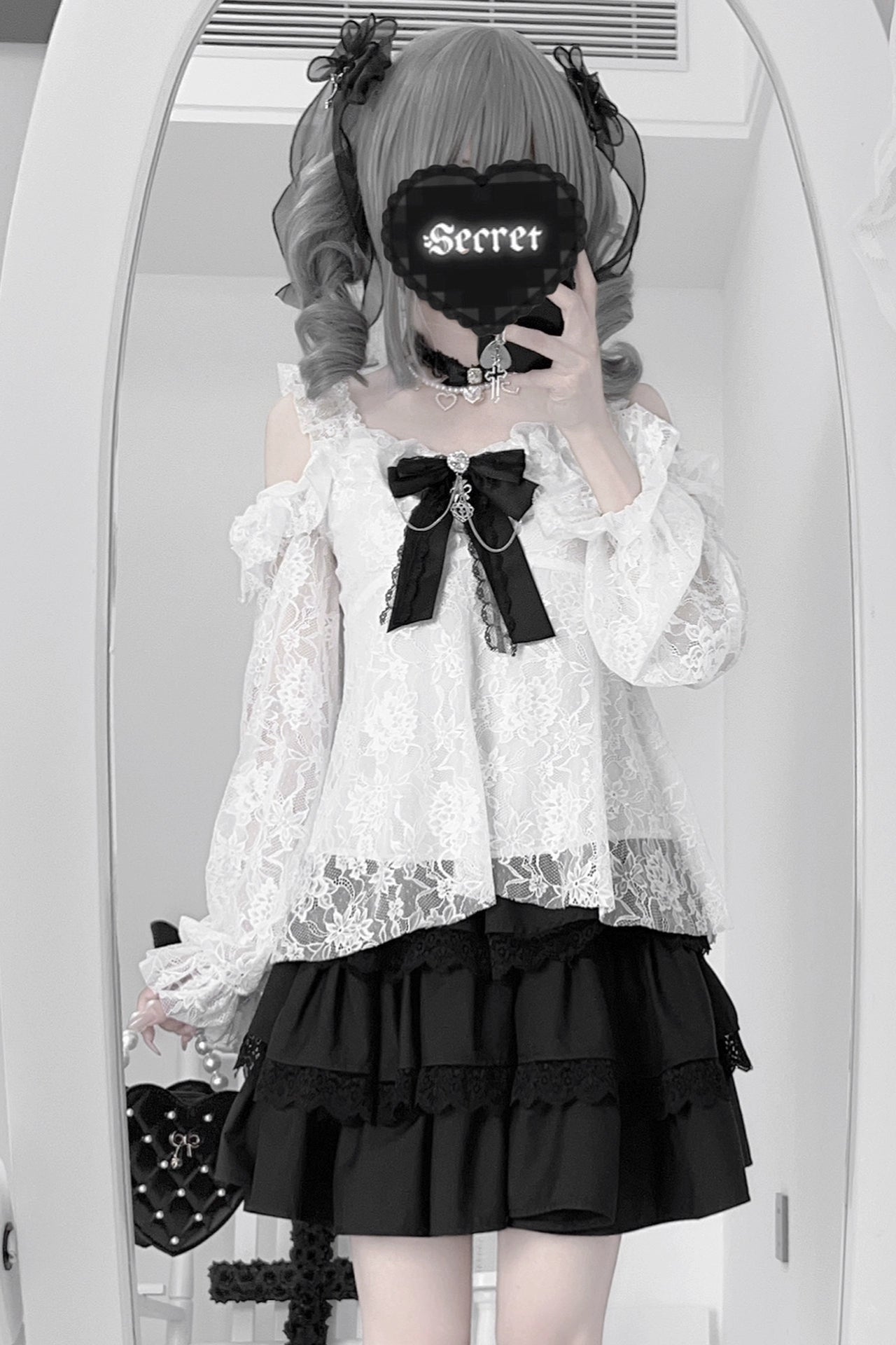 地雷インナーシャツレースリボンノースリーブシャツ+ケーキスカート