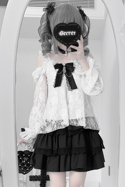地雷インナーシャツレースリボンノースリーブシャツ+ケーキスカート