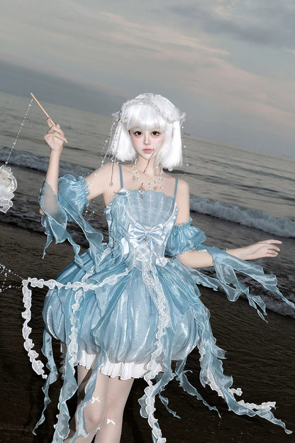 [Pre-order Deadline: September 5] Blue Fantasy Jellyfish Bow Ruffle Suspender Bubble Dress with Asymmetrical Hem+Puff Sleeves with Arm Sleeves