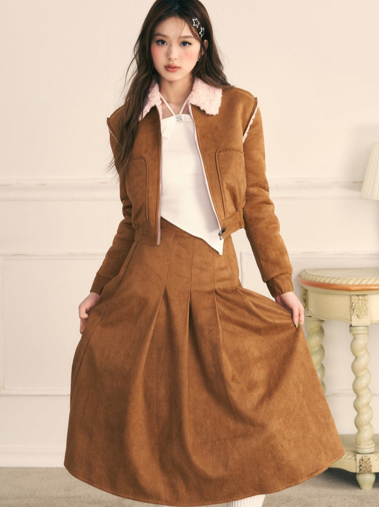 Caramel Jenny Suit Lamb Fur Short Coat + Skirt Setup