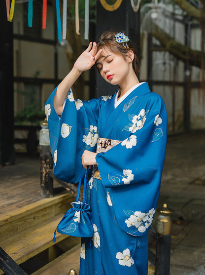 Ensemble 5 pièces de yukata rétro moderne à fleurs bleues