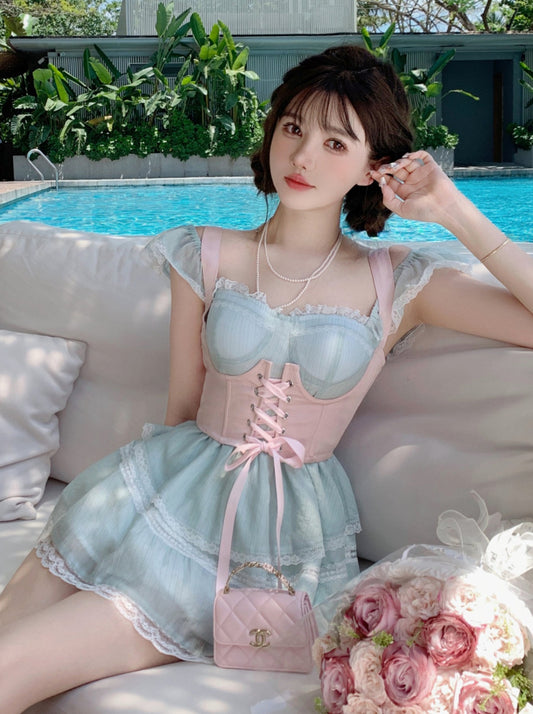 CreamySweet Summer Mint Small Fly Sleeve Dress Sweet Lace Princess Dress for Women