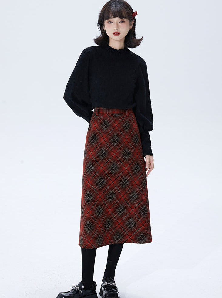 Mid Length High Waist Slim Retro Check Skirt