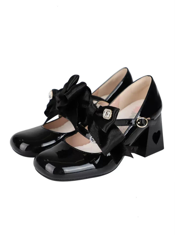 Ribbon Open Heart High Heel Lolita Shoes [Jewel Ribbon, Normal Ribbon].