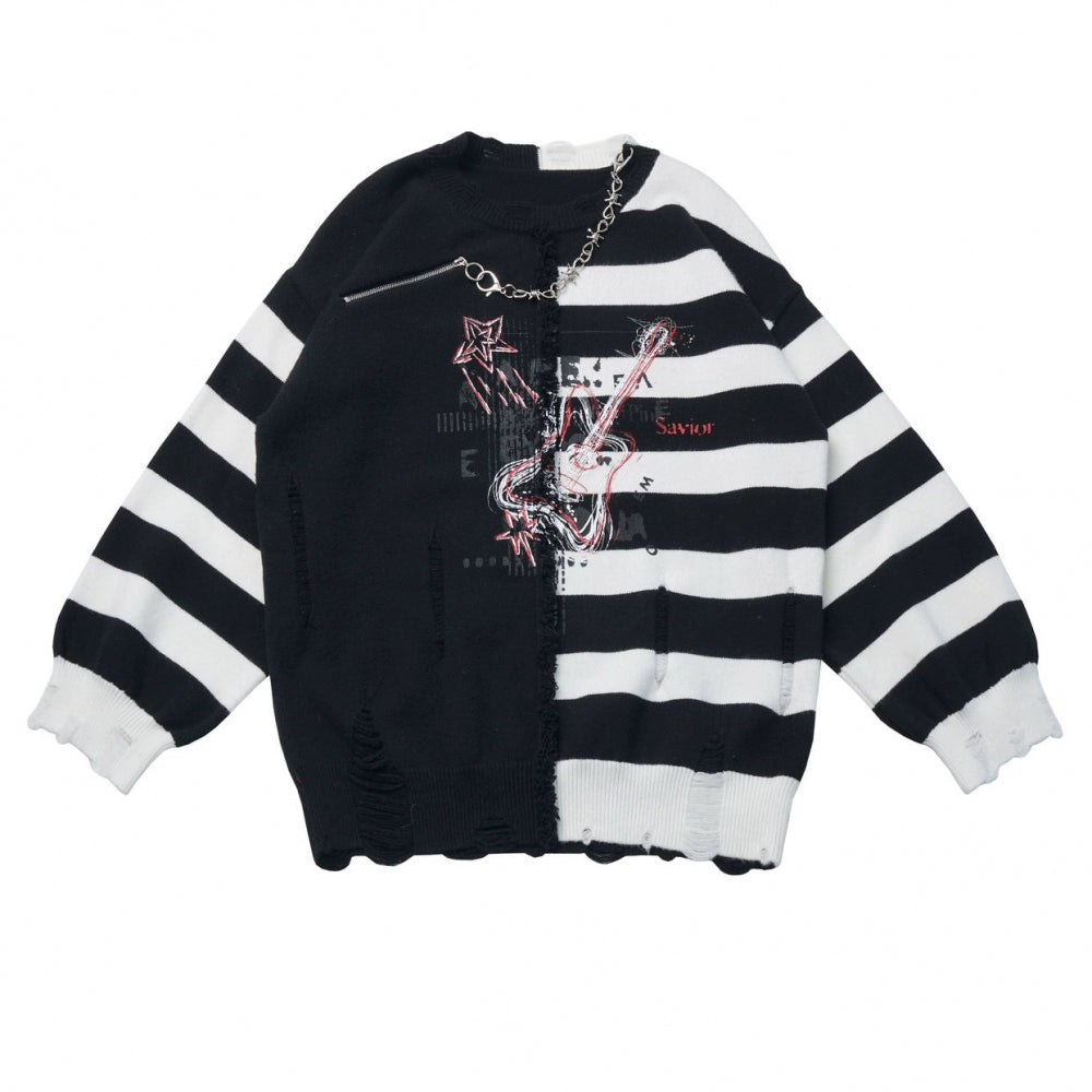 アシメボーダーセーター+デニムスカート