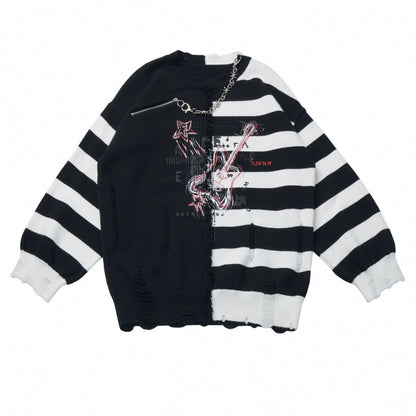 アシメボーダーセーター+デニムスカート