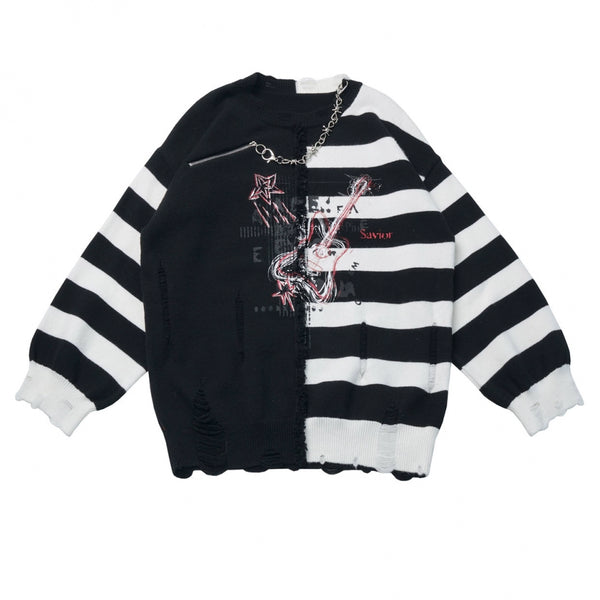 アシメボーダーセーター+デニムスカート