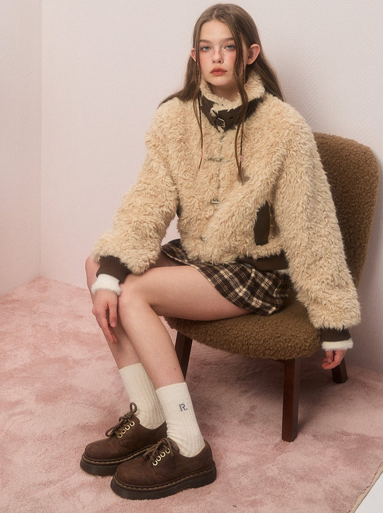 Neck Belt Lapel Lamb Wool Short Boa Coat