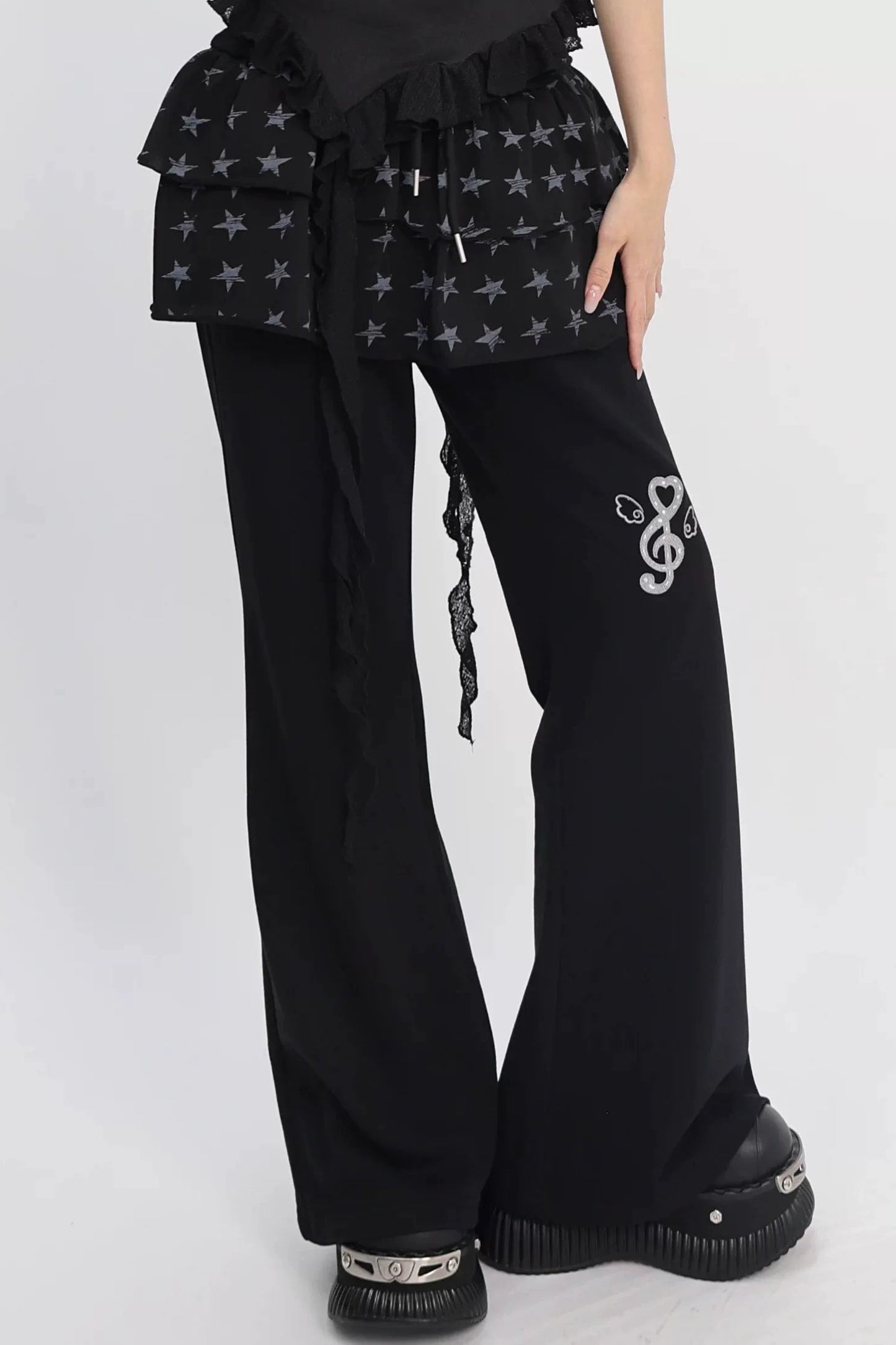 星星印花喇叭形运动裤