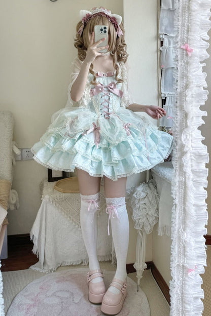 [Reservation product] Rose Dimi Con Brewing App Pink Green Ballet Dress Dress