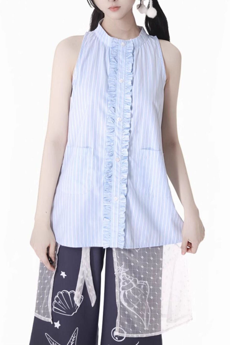 Gestreiftes Strandhemd + ärmelloses Hemd + Overshirt + Rock + weite Hose + Jeansrock