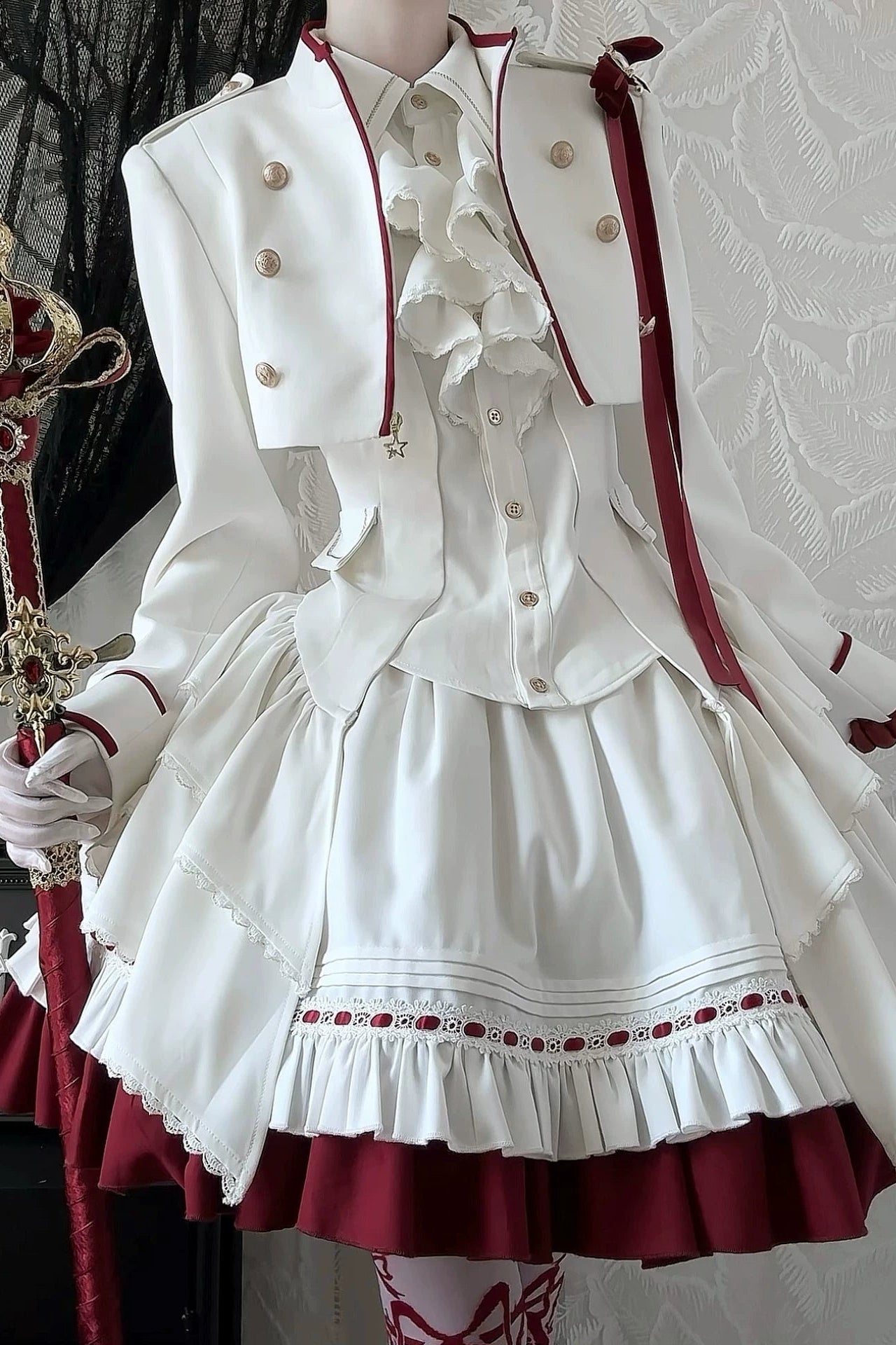 【9月13日予約締切】White Burgundy Military Ruffle Lolita Jacket (with epaulet bow) + Shirt + Short Skirt Set / Shorts Set + Complete set 1/2 (Officer cap + Leg covers + Sash)