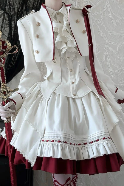 【9月13日予約締切】White Burgundy Military Ruffle Lolita Jacket (with epaulet bow) + Shirt + Short Skirt Set / Shorts Set + Complete set 1/2 (Officer cap + Leg covers + Sash)