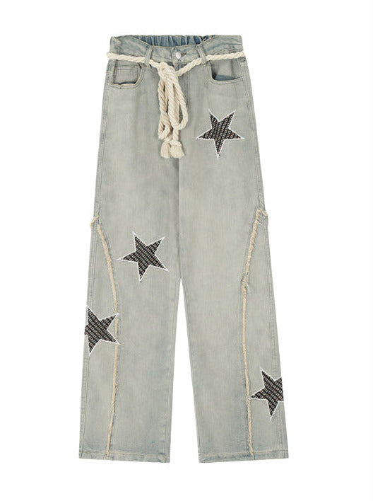 Retro Star Design Wide Leg Straight Denim