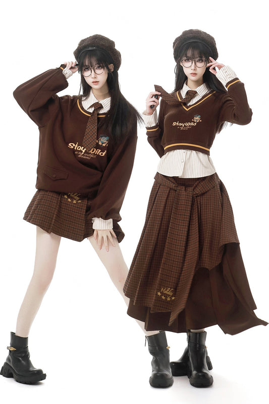 Film Moment College Faux Two Piece Sweatshirt Check Skirt Setup