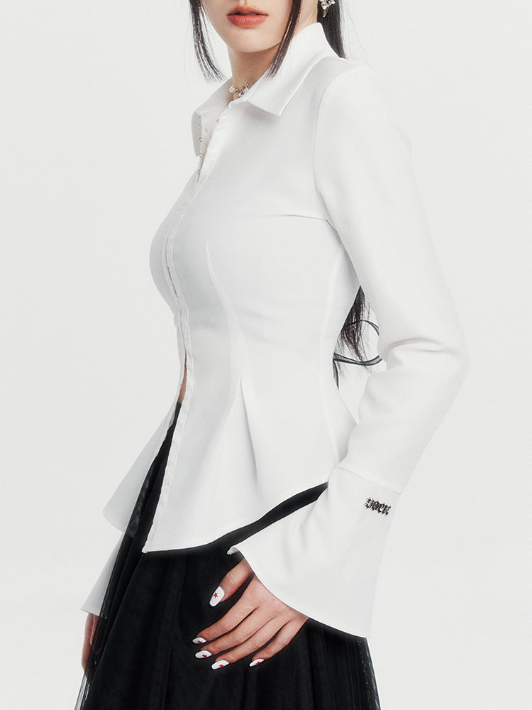 White cool open collar waist shape back lace-up shirt