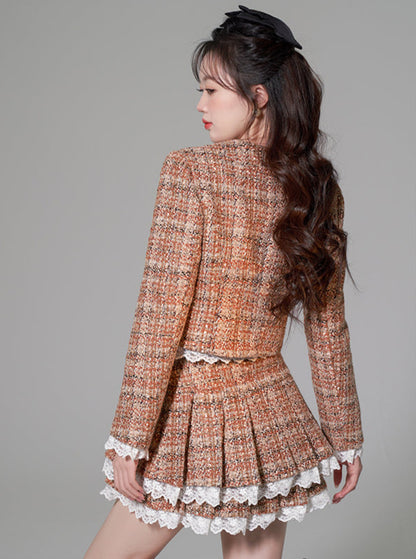 Check Wool Fragrance Lace Jacket + Pleated Tiered Skirt