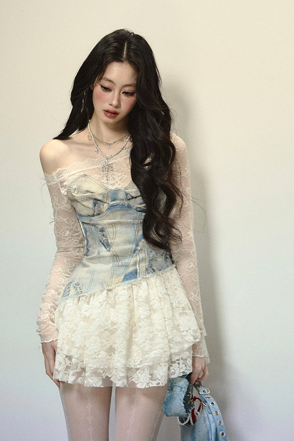 Sheer Light Denim Blue Lace Dress