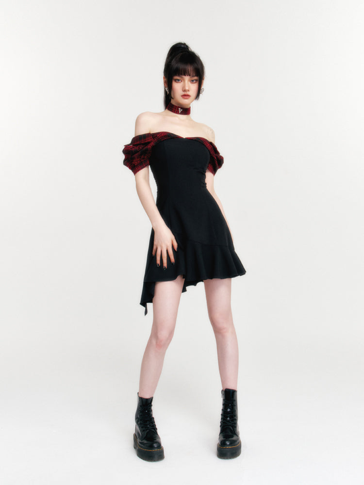 Decollete open V-neck asymmetric frill dress with check choker