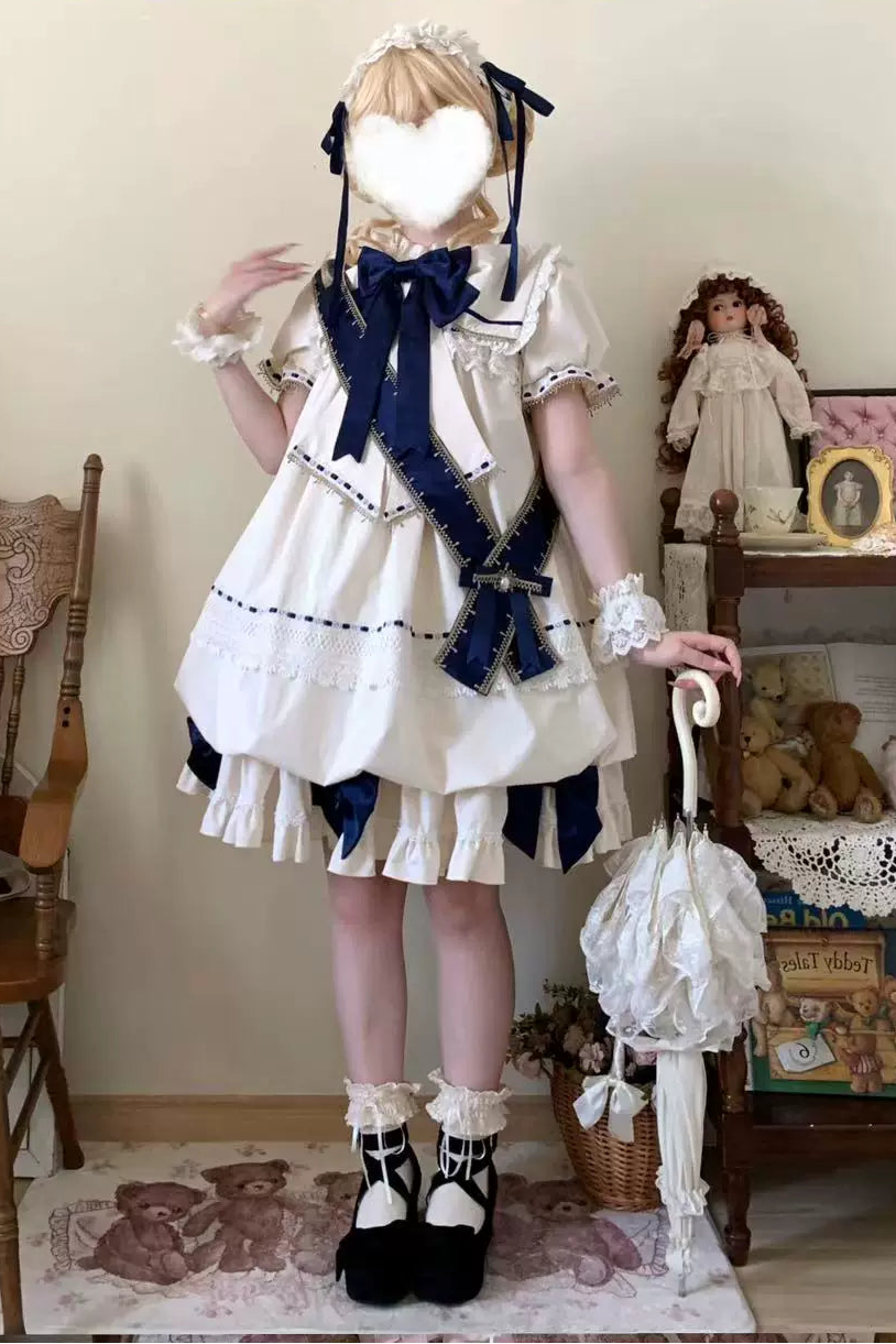 【9月19日予約締切】Pink x Beige / Dark Blue x Beige Doll Style Sweet Lolita Bow Lace Puff Sleeve Dress + Dress Set + Full Set