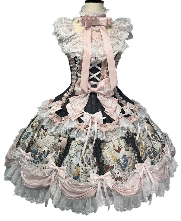 [Pre-order Deadline: September 28] Navy/Off-White Alice Classical Lolita Print Playing Card Frill Ribbon Dress + KC Set + Bunny Ear Hat Set