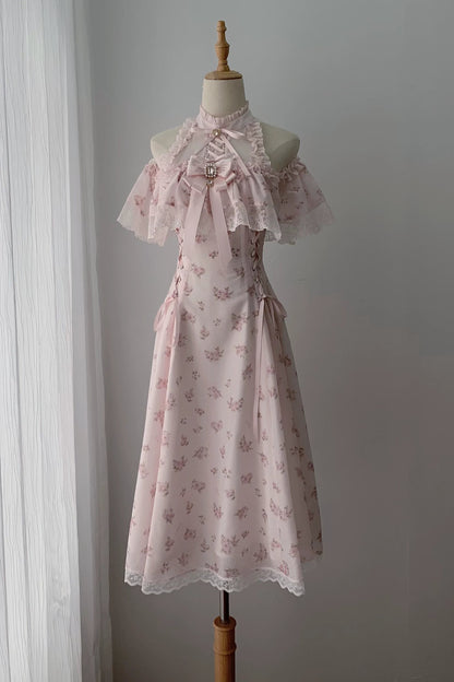 【6月15日予約締切】ピンクフローラルシフォンレースジュエルリボンオープンショルダーロングドレス