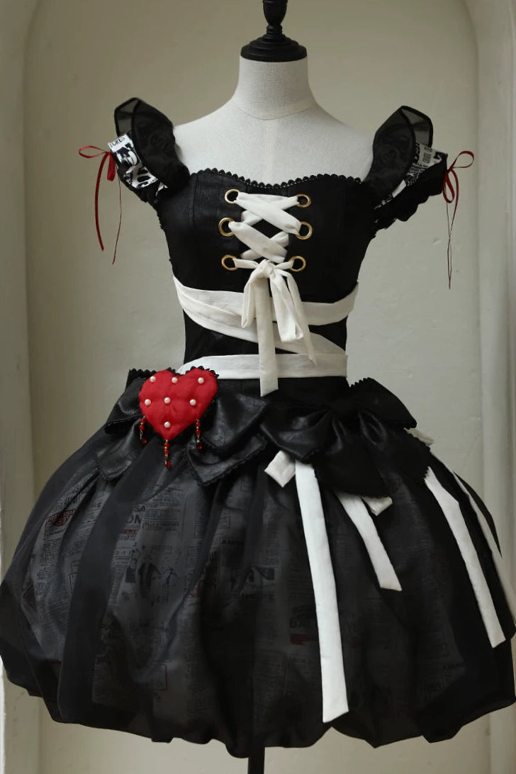 【9月3日予約締切】Gothic Fantasy Red Heart Black Balloon Corset Lolita Ribbon Dress + Ribbon Choker with Playing Card and Bead Motif