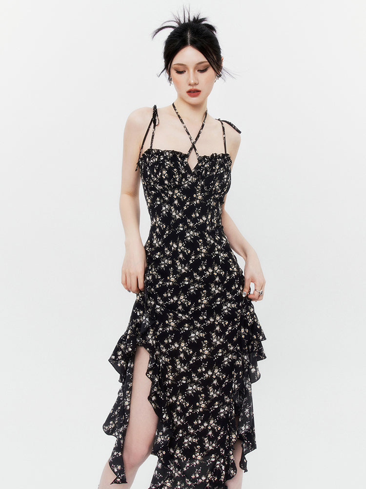Cool Black Floral Frill Hem Halter Ribbon Cami Dress