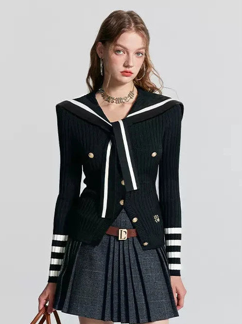 College Sailor Collar Contrast Knit Cardigan