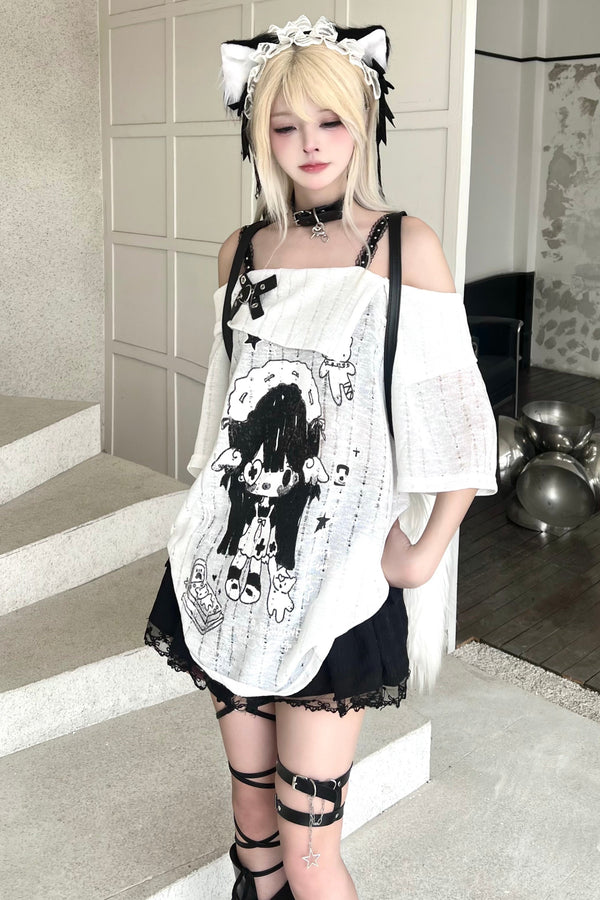 Top dulce con estampado de anime y diseño smock