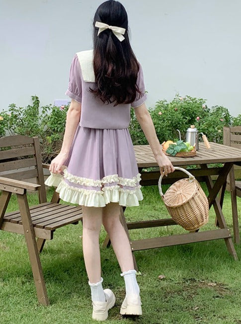 Flower sailor ribbon tops + frill skirt