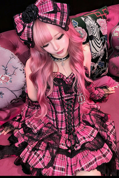 【11月2日予約締切】Pink Plaid × Black Gothic Punk Halter Neck Lace Corset Dress