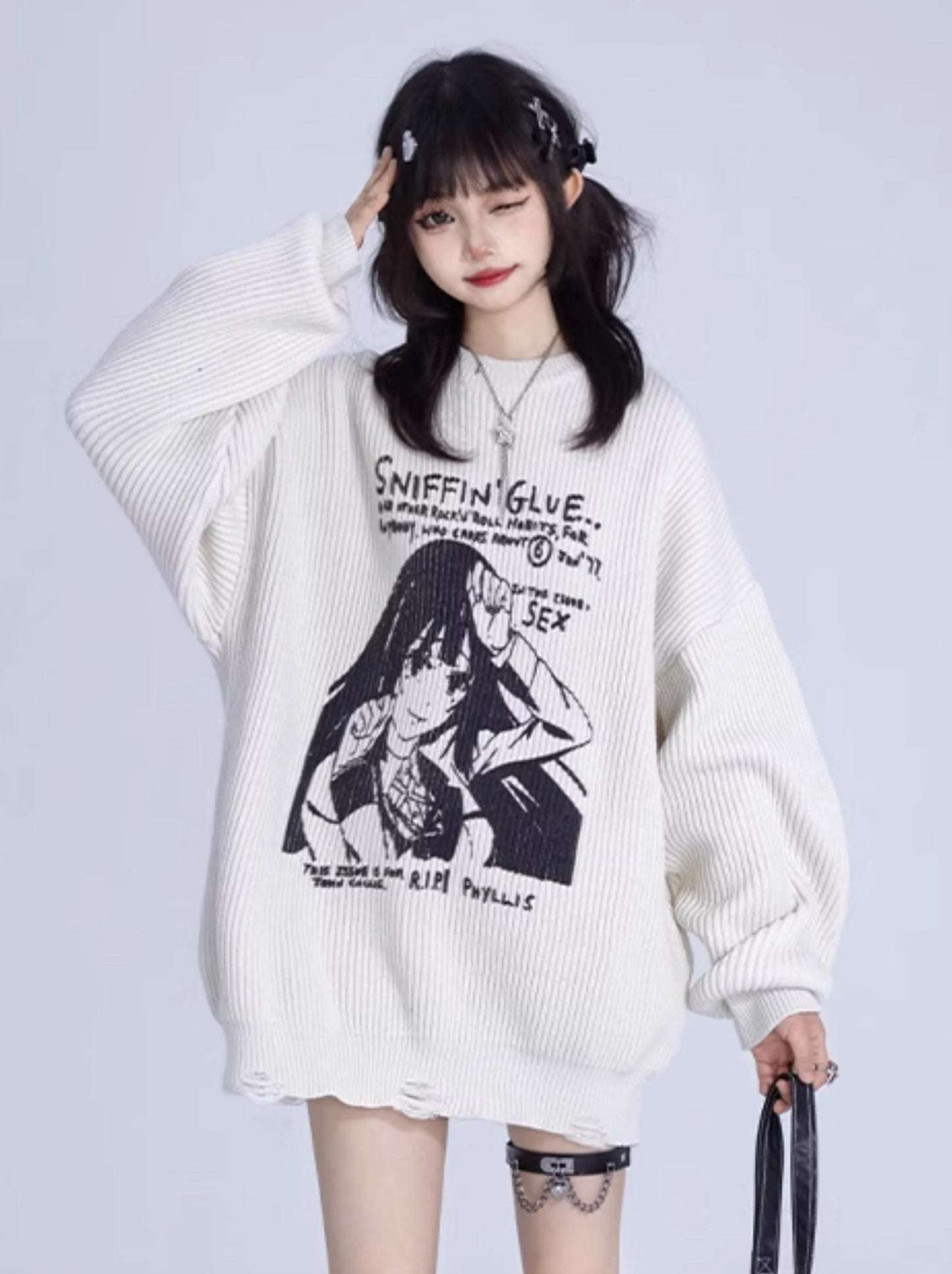 Girl Print Loose Pullover Knit Sweater