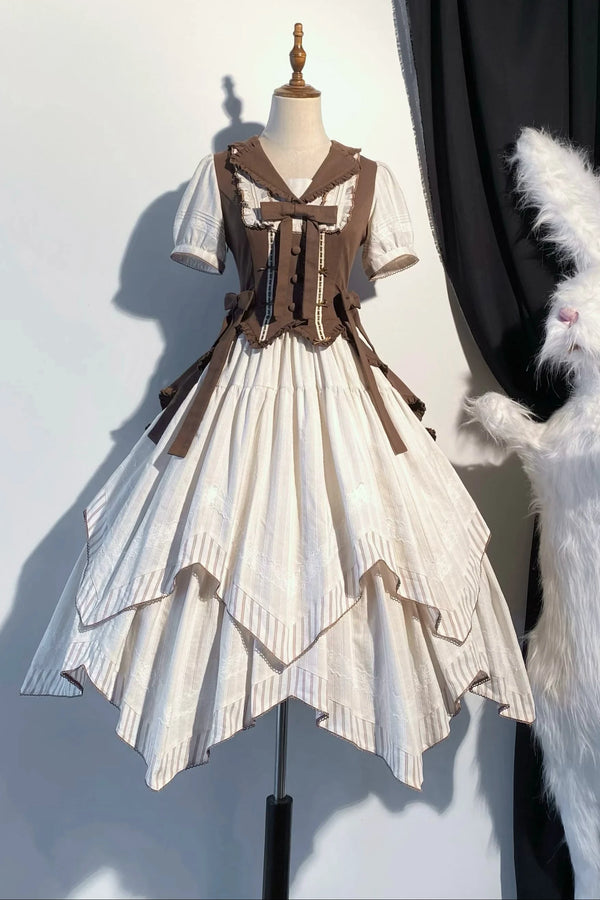 【10月14日予約締切】Brown Vintage Classic Lolita Puff Sleeve Ribbon Frill Collar Handkerchief Hem Bustier Layered Dress + Detachable Sleeves + Ribbon KC + Hair Clip