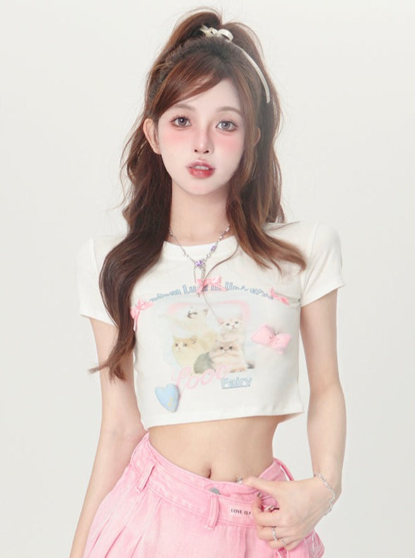 Ribbon cat short T -shirt