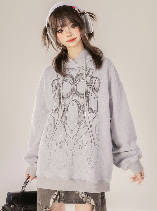 11SH97 Gray Hooded Pullover Sweatshirt Women's Cruise Spring 2024 New Design Mecha Print Loose Jacket