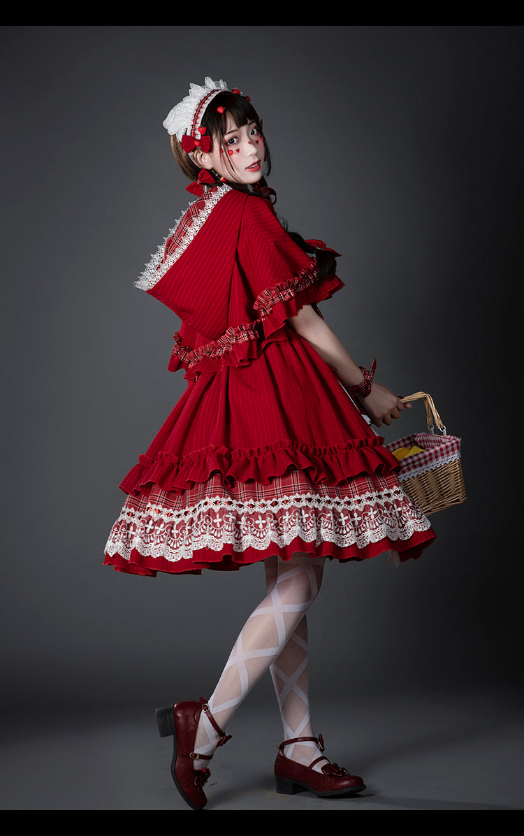 [Reservation product]Sweet Red Check Ribbon Dress [Little Red Riding Hood Outfit]