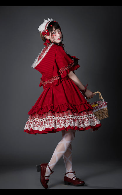 [Reservation product]Sweet Red Check Ribbon Dress [Little Red Riding Hood Outfit]