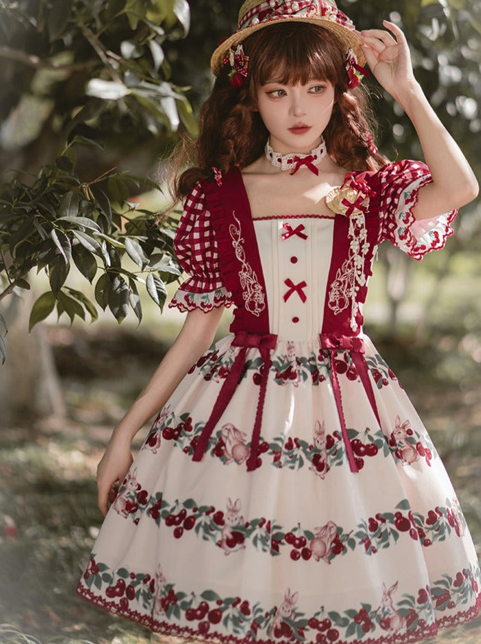 체리버니 프린트 여름 로리타 드레스