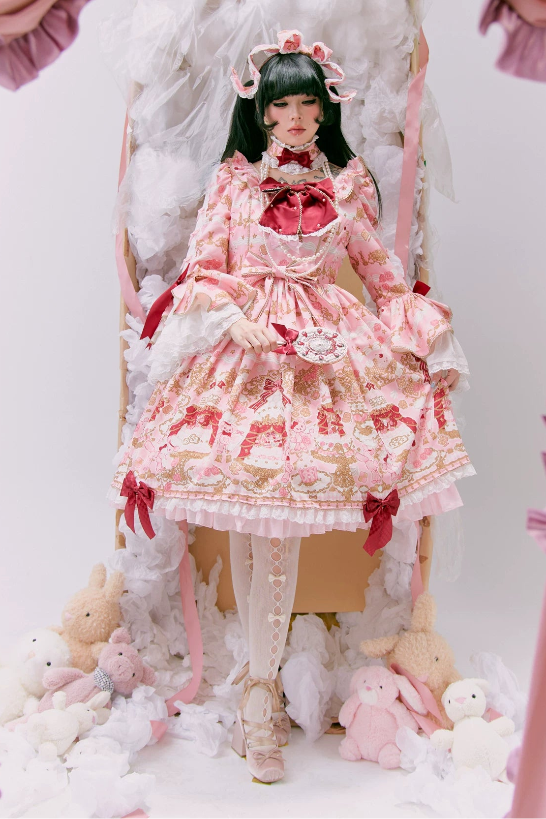 【4月26日予約締切】レトロロマンスイートロリータリボンケーキプリントゴージャス姫袖ドレス