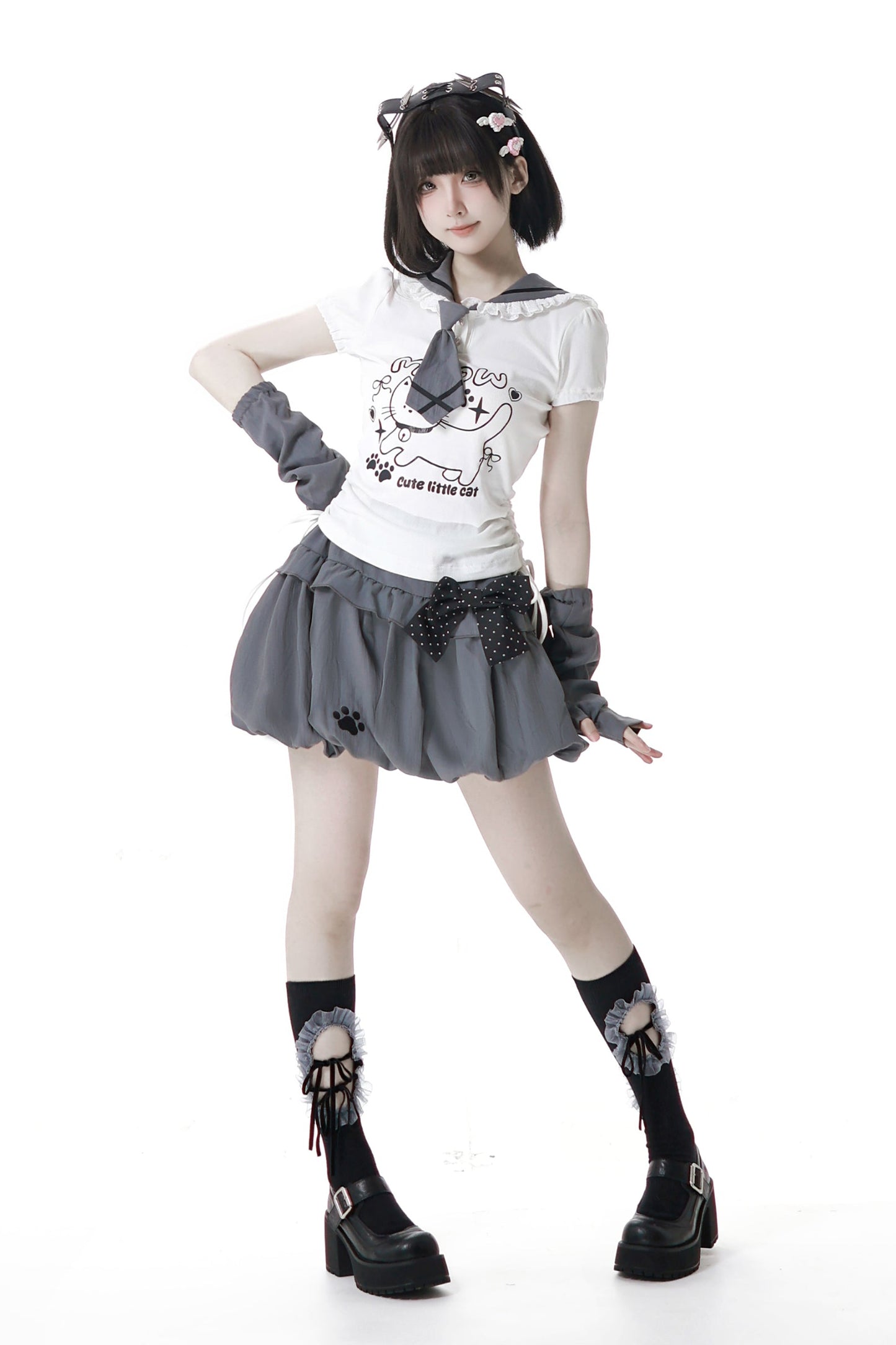 セーラーカラートップス＋バルーンスカート