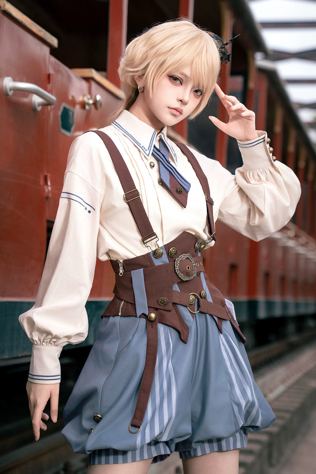【10月2日予約締切】Vintage Prince Ivory Shirt + Blue Stripe Shorts + Brown Suspender Corset + Waist Belt + Full Set