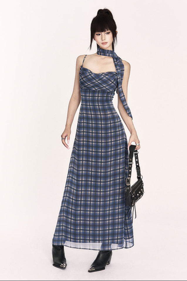 Chic French Resort Plaid Halter Maxi Dress