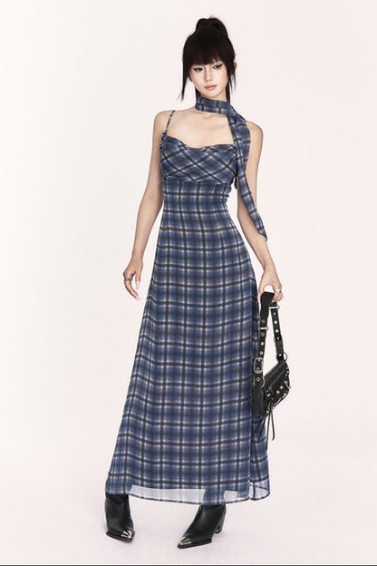 Chic French Resort Plaid Halter Maxi Dress