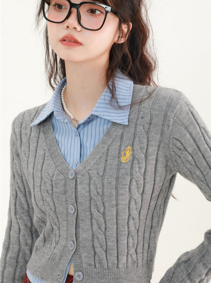 College Style Cable Slim V-Neck Sweater