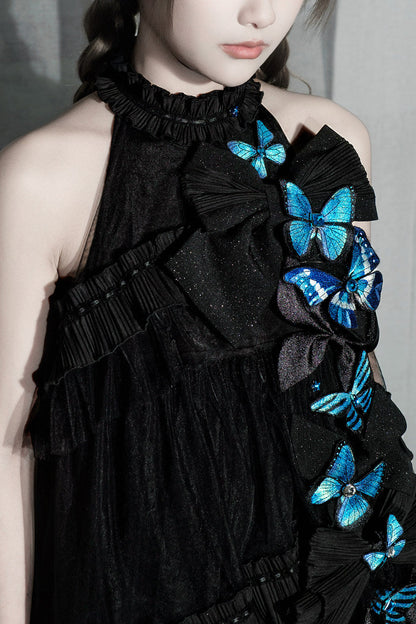 [Pre-order Deadline: October 14] Black/White Gothic Lolita Blue Butterfly Bow Tulle Ruffle Layered Halter Dress